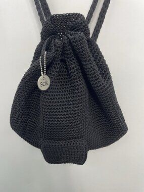 The Sak Dylan Knit Backpack Cinch Bucket Bag Crocheted Boho Black